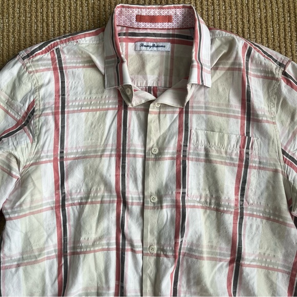 Tommy Bahama Shirt Hideaway Fronds Afterglow Silk Plaid SZ Medium Peach white - Picture 7 of 12